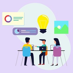 Coworking space with creative people sitting at the table. Business team working together at the big desk using laptops. Flat design style vector illustration.