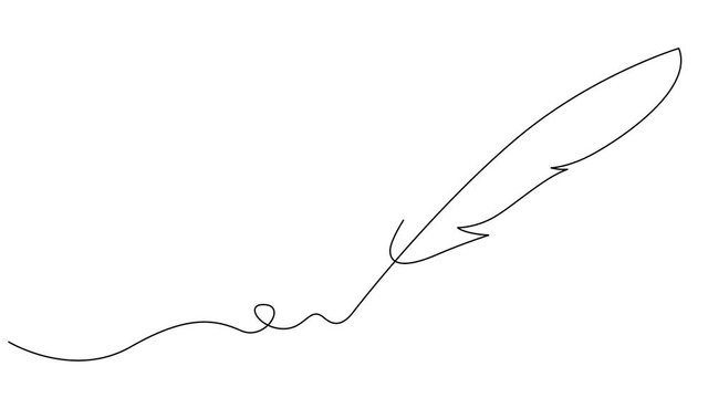 Self drawing simple animation of single continuous one line drawing of quill pen. Drawing by hand, black lines on a white background.