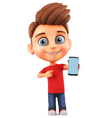Cartoon character little boy points to a mobile phone on a white background. 3d render  illustration.