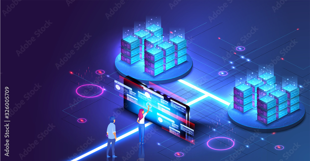 Fototapete Web hosting concept. Data visualization. Computing, network. Cloud technology. Science/technology background. Computer technology, network, database, internet center. Data analysis.landing vector page