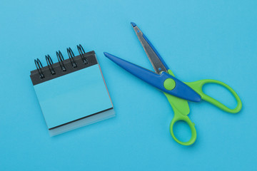 The concept of minimalism. Blue and green scissors and a blue notebook on a bright blue background. top view.