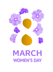 March 8 Women's Day banner. Greeting card in the form of white paper cut number 8 among the large pink flowers