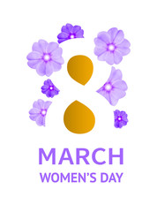 March 8 Women's Day banner. Greeting card in the form of white paper cut number 8 among the large pink flowers