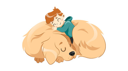 Animal Shelter, Animal Adoption,Care, Homeless Help Concept. Little Boy Child Embraces The Dog Isolated On White Background. Children Friendship And Care Of And Animal. Flat style. Vector illustration