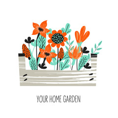 Floriculture, gardening. Different flowers in the box. Vector illustration.