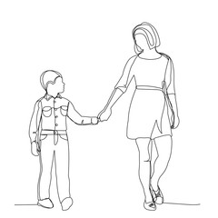 isolated, continuous line drawing of mom and son