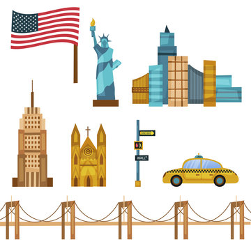 Set Of New York Symbols and Objects With Famous Landmarks. Composition Can be Used for Wrapping Paper, Wallpaper, Pattern Fills, Web Page Backgrounds. Cartoon Flat Style. Vector Illustration