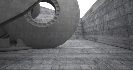 Abstract architectural concrete interior with discs. 3D illustration and rendering.