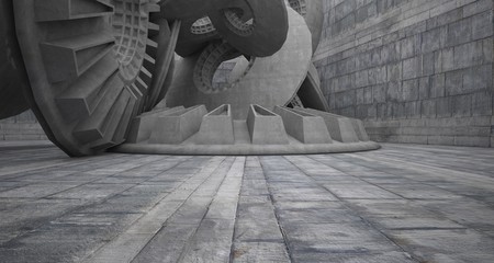 Abstract architectural concrete interior with discs. 3D illustration and rendering.