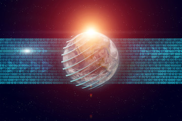 Planet earth, binary code, sunrise in universe.