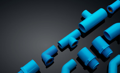 Set of blue PVC pipe fittings isolated on dark background. Blue plastic water pipe. PVC accessories...