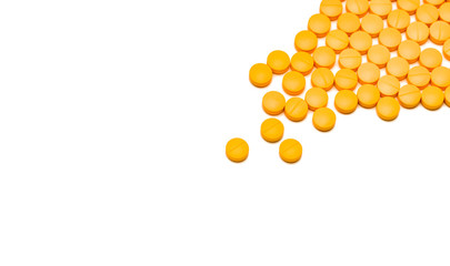 Pain killer tablets pills on white background. Healthcare concept. Painkiller medicine. NSAIDs for anti-inflammation. Pharmaceutical industry. Painkillers or analgesics drug. Diclofenac tablets pills.