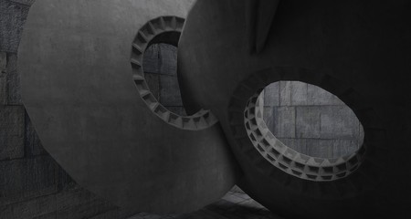 Abstract architectural concrete interior with discs. 3D illustration and rendering.