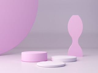 Abstract minimal pink scene with geometrical forms. Cylinder podiums and stairs in pastel colors. Abstract background. Scene to show cosmetic podructs. Showcase, shopfront, display case. 3d render.