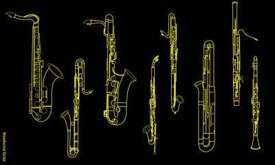 Yellow outline various saxophones. Woodwind octet