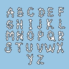 English abstract alphabet black and white isolated on blue background. Stock vector illustration for decoration and design, postcards, posters, banners, fabrics, books, web pages and more.