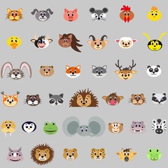 Set of cute muzzles of domestic, wild and safari animals isolated on a gray background. Flat style. Stock vector illustration for decoration and design, children's books and coloring books, stickers