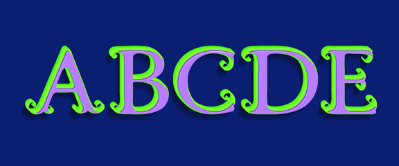 A, B, C, D, E green purple volumetric letters. Vintage 3d font.