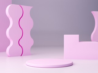 Abstract minimal pink scene with geometrical forms. Cylinder podiums and stairs in pastel colors. Abstract background. Scene to show cosmetic podructs. Showcase, shopfront, display case. 3d render.