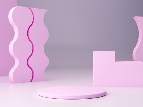 Abstract minimal pink scene with geometrical forms. Cylinder podiums and stairs in pastel colors. Abstract background. Scene to show cosmetic podructs. Showcase, shopfront, display case. 3d render. © Mamba Azul