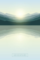 Fototapeta na wymiar beautiful sunrise by peaceful lake on mountain nature landscape vector illustration EPS10