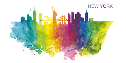 Watercolor illustration. Rainbow silhouette of the city of New York. Panorama of the city. The Statue of Liberty.