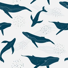 monochrome seamless pattern of blue whales with dots and waves in light grey background. Kids cloths, background, pattern, design, fabric.