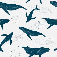 Fototapete Meer monochromes nahtloses Muster von Blauwalen mit Punkten und Wellen in hellgrauem Hintergrund. Kindertücher, Hintergrund, Muster, Design, Stoff.