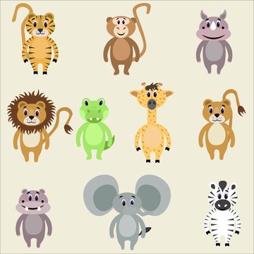 Set of cute safari animals in flat style isolated on background. Stock vector illustration for decoration and design, children's books and coloring, stickers, fabrics, packaging, postcards and more.