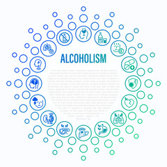Alcoholism thin line icons in circle shape. Strong drink, withdrawal symptoms, vitamin deficiency, decreased immunity, internal organs damage, depression, dementia, emphysema. Vector illustration.
