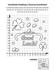Coordinate graphing, or draw by coordinates, math worksheet with St Patrick's Day mystery picture of pot-of-gold. Answer included.