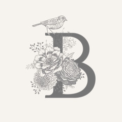 Decoration with letter B, decorative herbs, peonies flowers and bird. © marinavorona
