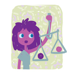 Libra. Funny zodiac sign. Colorful vector illustration of pink-violet girl with scales in hand-drawn sketch style on white background. Zodiacal character. Element for design, prediction, horoscope.