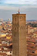 Prendiparte tower also called crowned tower (XII century) and the cityscape of Bologna, seen from the bell tower of the Metropolitan Cathedral of San Pietro. Emilia-Romagna, Italy, Europe