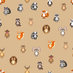 Seamless pattern with wild forest animals in a flat style on the background. Stock vector illustration for decoration and design, packaging, wallpaper, wrapping paper, fabrics, posters, postcards
