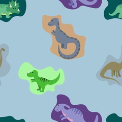 Seamless pattern with a set of cute dinosaurs on a blue background. Stock vector illustration for decoration and design, wrapping paper, wallpaper, fabrics, children, greeting cards, posters	