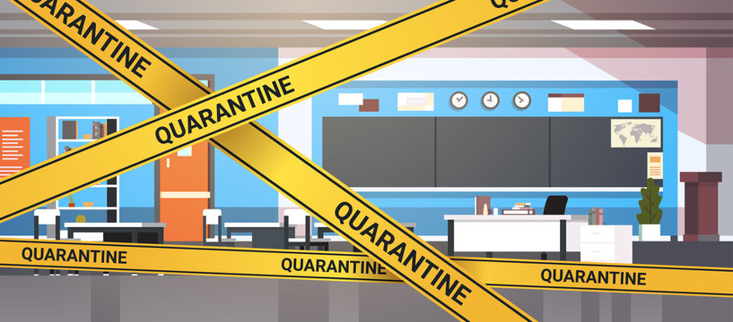 Epidemic MERS-CoV Quarantine Caution On Yellow Warning Tape Modern School Classroom Interior Coronavirus Infection Wuhan 2019-nCoV Pandemic Health Risk Concept Horizontal Vector Illustration