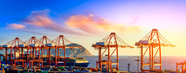 Industrial container freight port at beautiful sunset in Shanghai,China.