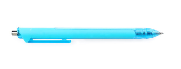 Blue retractable pen isolated on white, top view