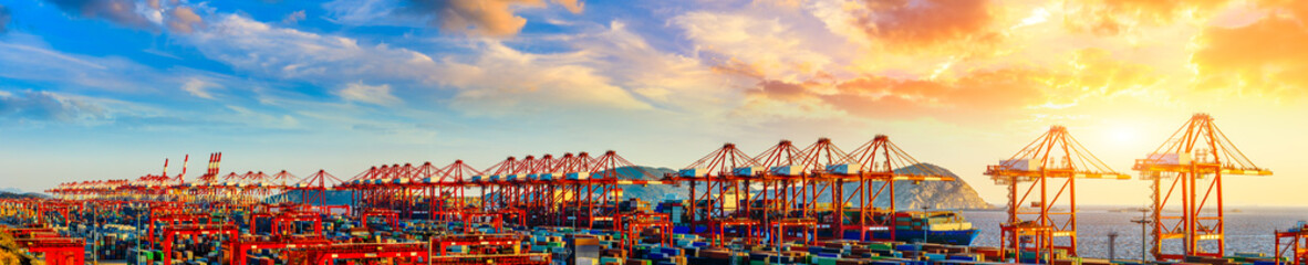 Industrial container freight port at beautiful sunset in Shanghai,China. - obrazy, fototapety, plakaty