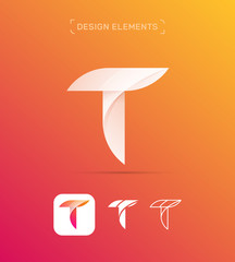 Vector letter T logo or application icon. Origami paper, fluent, flat and line style
