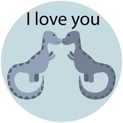 Two cute kissing dinosaurs in a circle with the inscription 
