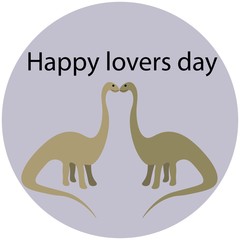Obraz premium Two kissing dinosaurs in a circle isolated on a white background with the inscription Happy lovers day. Stock vector illustration for decoration and design, postcards, posters, banner, fabrics