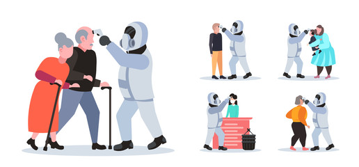 set specialist in hazmat suit checking temperature of people spreading coronavirus infection epidemic MERS-CoV virus wuhan 2019-nCoV pandemic health risk concept full length vector illustration