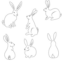 Set of cute easter contour rabbits isolated on a white background. Stock vector illustration for decoration and design, children's books and coloring, stickers, fabrics, packaging, cards, Happy Easter