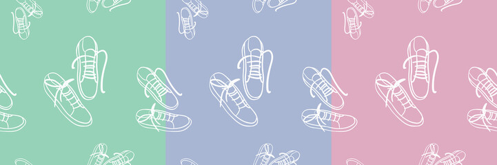 set of seamless with white outline sneakers on green, blue, pink backgrounds