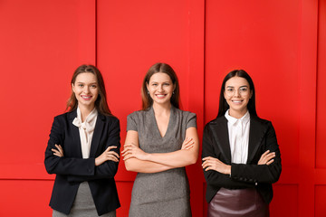 Beautiful young businesswomen on color background
