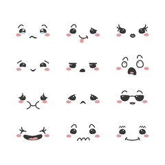 Set of cartoon kawaii faces, different emotions. Vector illustration.