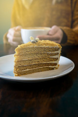 Honey cake close up. Woman in terracotta sweater headless and hands with latte on background. Sunshine.