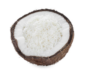 Fototapeta na wymiar Tasty fresh coconut flakes isolated on white